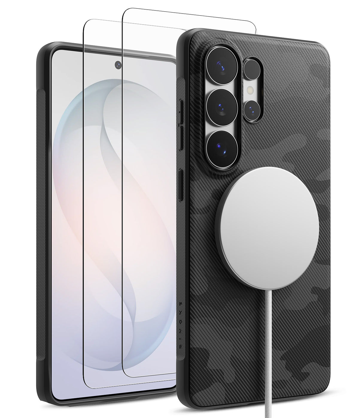 [Bundle] Galaxy S26 Ultra | Onyx Magnetic - Black camo phone case with magnetic charger and two screen protectors.