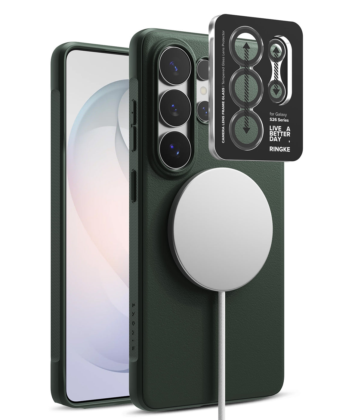 [Bundle] Galaxy S26 Ultra | Onyx Magnetic - Galaxy S26 Ultra | Onyx Magnetic - Green phone case with magnetic charger and camera lens protector packaging.