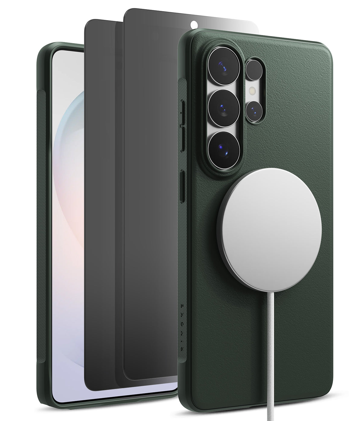 [Bundle] Galaxy S26 Ultra | Onyx Magnetic - Galaxy S26 Ultra | Onyx Magnetic - Dark green phone case with magnetic charger attached and screen protector layers.