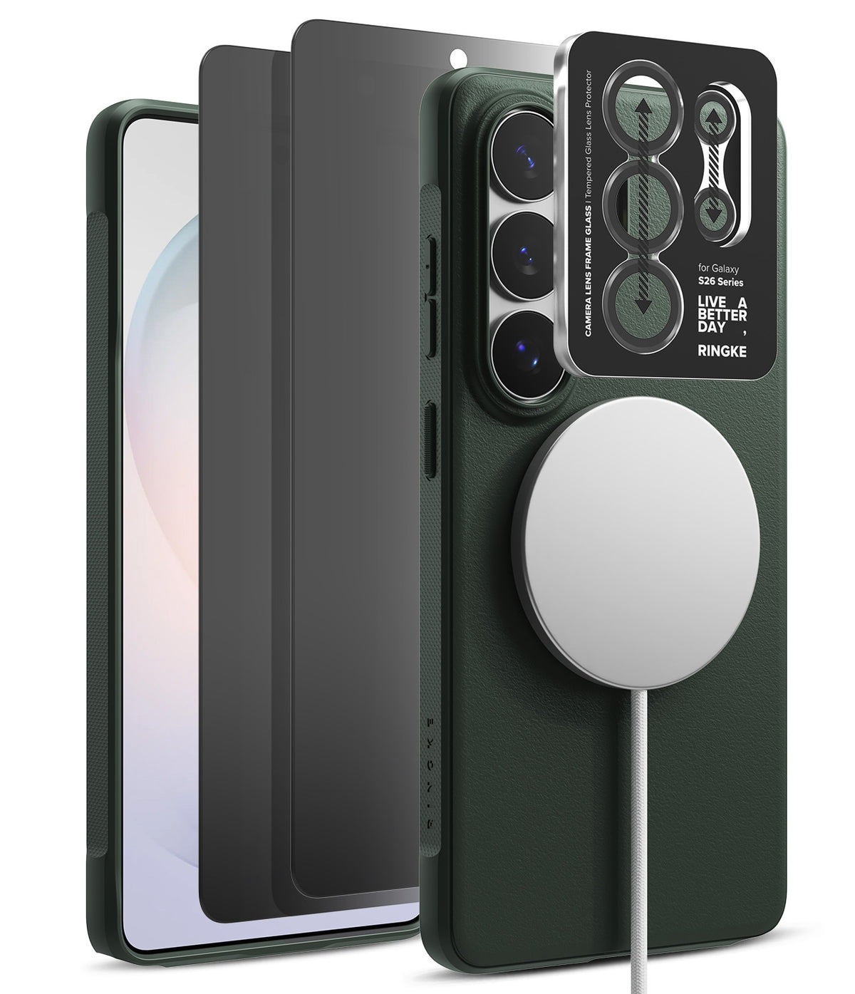[Bundle] Galaxy S26 Ultra | Onyx Magnetic - Green phone case with magnetic charger, camera lens protector, and screen film.