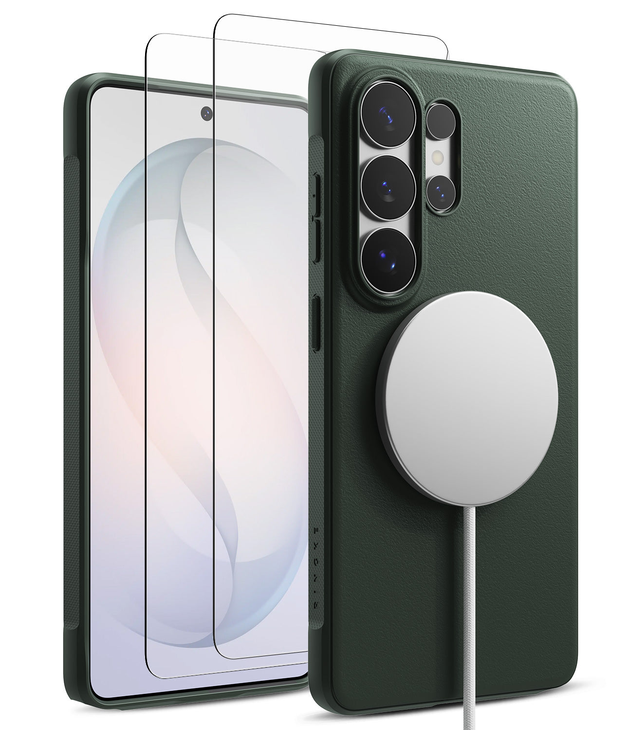 [Bundle] Galaxy S26 Ultra | Onyx Magnetic - Galaxy S26 Ultra | Onyx Magnetic - Dark green phone case with magnetic charger and two screen protectors.