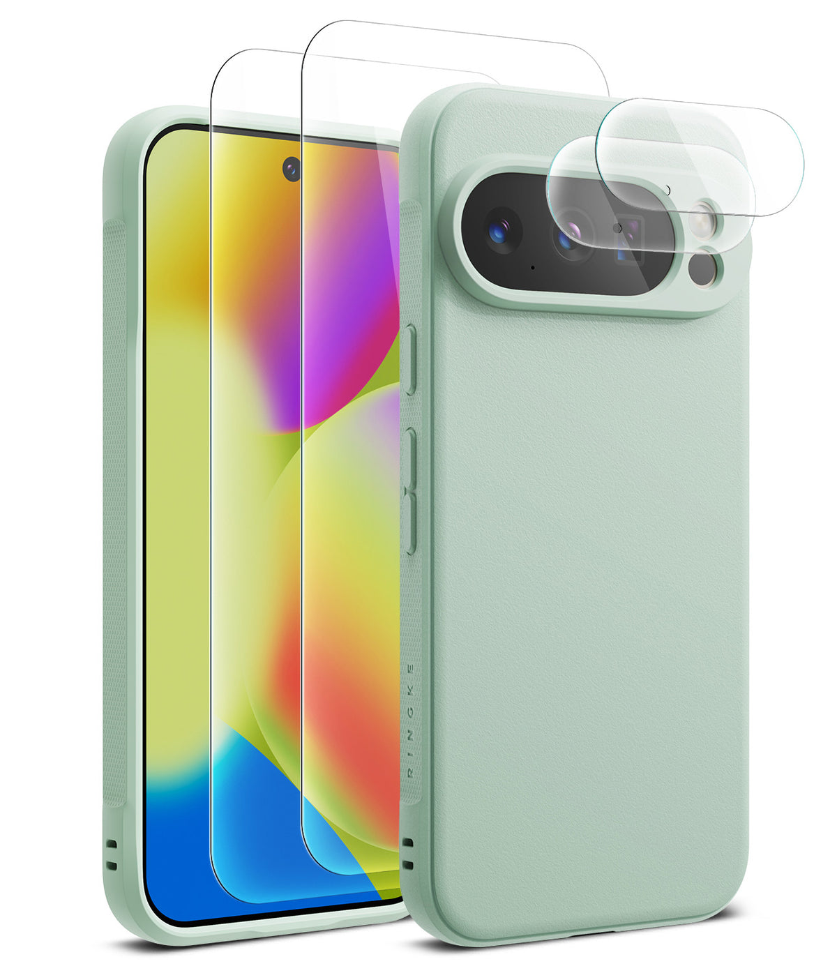 [Bundle] Google Pixel 10 Pro Case | Onyx - Google Pixel 10 Pro Case | Onyx - Mint green phone case with screen and camera lens protectors floating above.