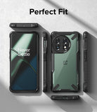 OnePlus 11 5G Case | Fusion-X - Views of a green OnePlus 11 in a black rugged protective case from front, back, and sides.