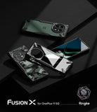 OnePlus 11 5G Case | Fusion-X - Three OnePlus 11 5G phones in Fusion-X cases with camo, clear, and green designs on black.