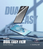 OnePlus 12R Screen Protector | Dual Easy Film - A OnePlus 12R phone with a screen protector being applied against a blue background.