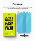 OnePlus 12R Screen Protector | Dual Easy Film - Bright yellow product box next to two blue screen protector films.