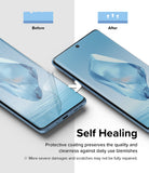 OnePlus 12R Screen Protector | Dual Easy Film - OnePlus 12R Screen Protector - Comparison showing a scratched screen film healing into a smooth surface on a smartphone.