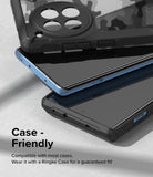 OnePlus 12R Screen Protector | Dual Easy Film - OnePlus 12R Screen Protector - A blue smartphone with a screen protector being inserted into a black camouflage phone case.
