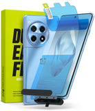 OnePlus 12R Screen Protector | Dual Easy Film - OnePlus 12R Screen Protector - Blue smartphone with a partially applied screen protector film and its yellow packaging box.