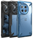 OnePlus 12R Case | Fusion-X - Three rugged phone cases in camo, black, and blue, featuring circular camera cutouts.
