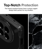 OnePlus 12R Case | Fusion-X - Close-up of a rugged black phone case frame next to a textured rock background.