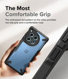 OnePlus 12R Case | Fusion-X - Hand holding a blue phone in a black protective case with textured side grips.
