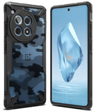 OnePlus 12R Case | Fusion-X - Black rugged phone case with blue camo back and front view showing a crystal screen wallpaper.