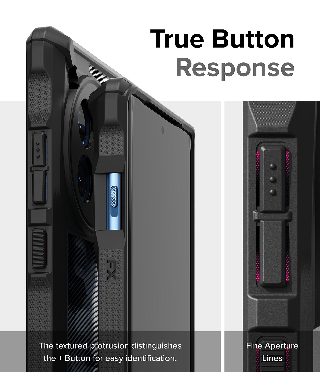 OnePlus 12R Case | Fusion-X - Close-up of phone case buttons with textured protrusions and fine aperture lines for tactile feedback.