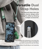 OnePlus 12R Case | Fusion-X - Camo phone case with dual strap holes, green lanyard, and accessory bag attached to a person.