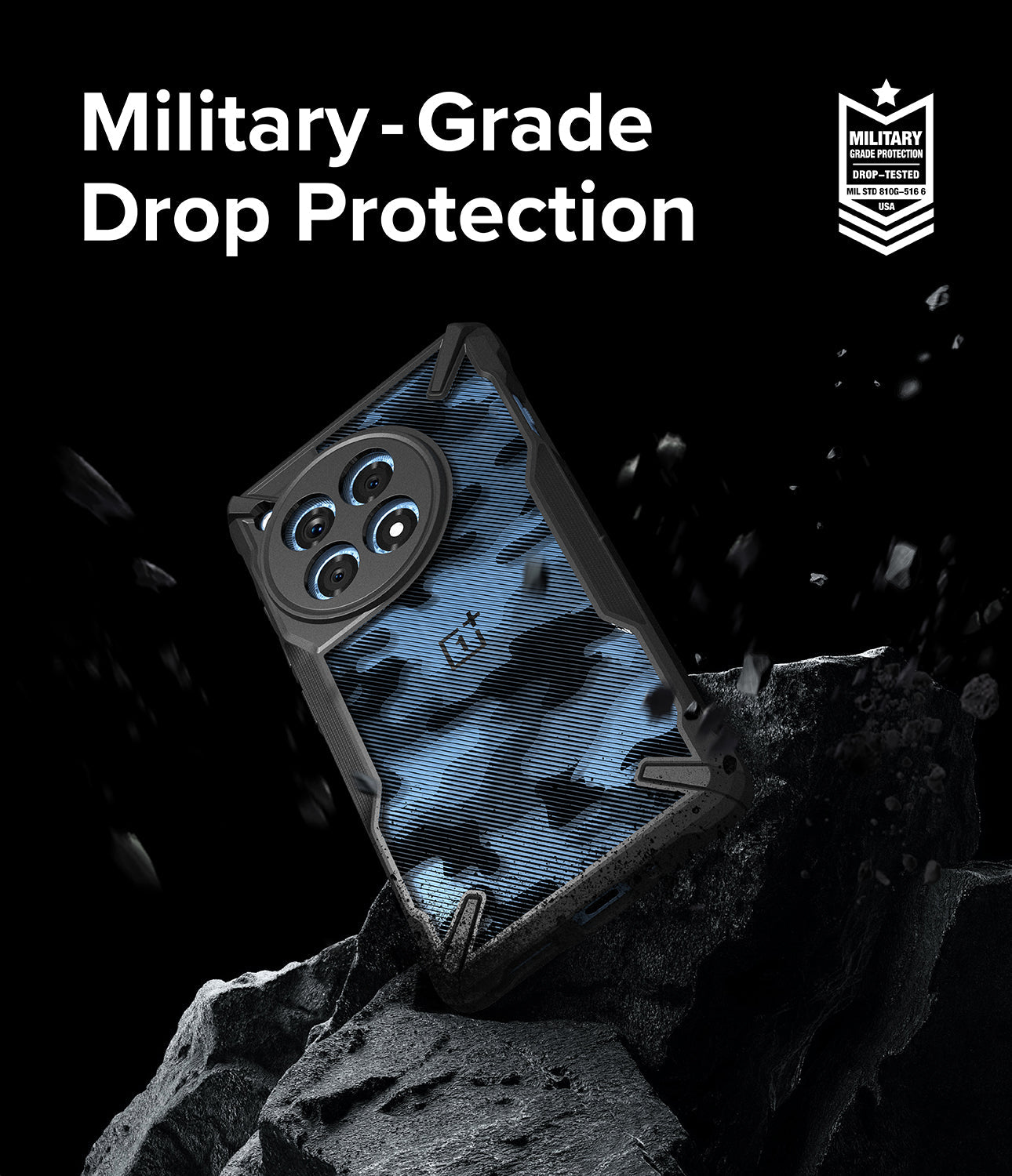 OnePlus 12R Case | Fusion-X - Blue camo phone case with military-grade protection badge floating above jagged black rocks.