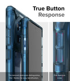 OnePlus 12R Case | Fusion-X - Close-up of blue phone case buttons with textured surfaces and aperture lines for tactile feedback.