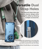 OnePlus 12R Case | Fusion-X - Blue phone case with dual strap holes, worn with a green lanyard and accessory bag.