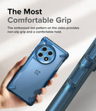 OnePlus 12R Case | Fusion-X - A hand holds a blue translucent phone case with a textured, non-slip dot pattern on the sides.