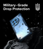 OnePlus 12R Case | Fusion-X - Blue protective phone case on a rocky surface with military-grade drop protection text.