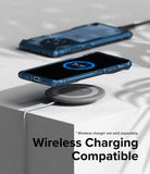 OnePlus 12R Case | Fusion-X - A blue phone in a protective case charging wirelessly on a circular pad.