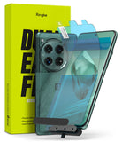 OnePlus 12 Screen Protector | Dual Easy Film [2 Pack] - OnePlus 12 Screen Protector - Green smartphone with a blue protective film being applied in front of a yellow product box.