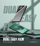 OnePlus 12 Screen Protector | Dual Easy Film [2 Pack] - OnePlus 12 Screen Protector - Floating OnePlus 12 phones with a clear screen protector film being applied.