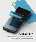 OnePlus 12 Screen Protector | Dual Easy Film [2 Pack] - OnePlus 12 Screen Protector - A smartphone being fitted with a blue-tinted protective film from a two-pack set.