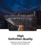 OnePlus 12 Screen Protector | Dual Easy Film [2 Pack] - OnePlus 12 Screen Protector - A clear film being applied to a smartphone screen displaying a vibrant night city skyline.