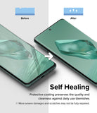 OnePlus 12 Screen Protector | Dual Easy Film [2 Pack] - OnePlus 12 Screen Protector - Comparison showing a scratched screen film healing into a smooth, clear surface.