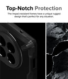 OnePlus 12 Case | Fusion-X - Close-up of a black rugged phone case corner next to a textured rock background.