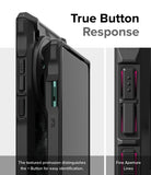 OnePlus 12 Case | Fusion-X - Close-up of phone case buttons with textured protrusions and fine aperture lines for tactile feedback.