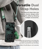 OnePlus 12 Case | Fusion-X - A camouflage phone case with dual strap holes attached to a green lanyard and a small accessory bag.