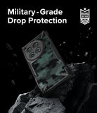 OnePlus 12 Case | Fusion-X - Camo OnePlus 12 case on a rock with military-grade drop protection text and badge.