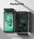 OnePlus 12 Case | Fusion-X - Multiple views of a rugged black phone case with a camouflage back pattern on a gray background.