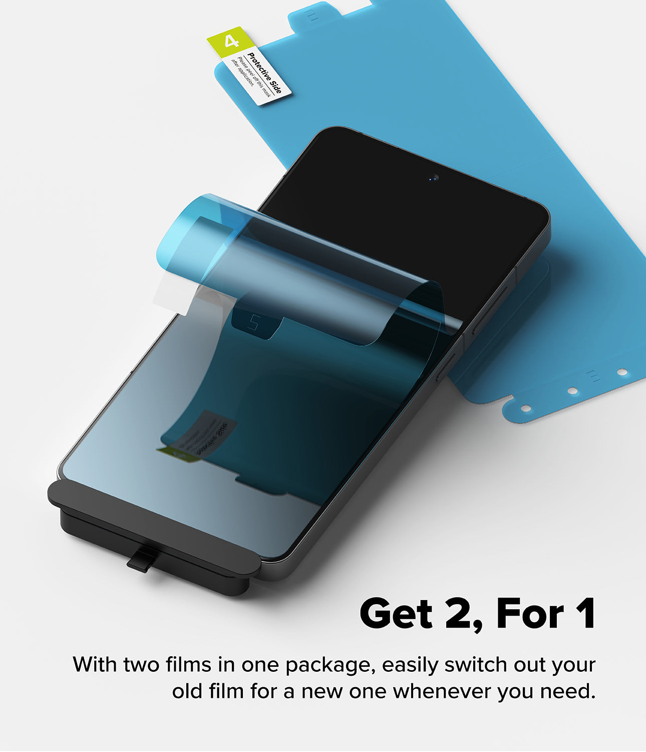 OnePlus 13R Screen Protector | Dual Easy Film - A smartphone being fitted with a blue protective screen film.