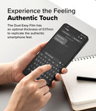 OnePlus 13R Screen Protector | Dual Easy Film - Hand using a smartphone with a thin screen protector and text overlay.