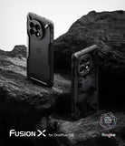 OnePlus 13R Case | Fusion-X - Two black Fusion-X protective cases for OnePlus 13R displayed on a dark, rugged rock surface.