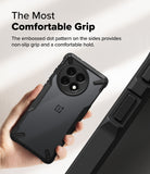 OnePlus 13R Case | Fusion-X - Hand holding a black phone case with a textured side grip and reinforced corner bumpers.