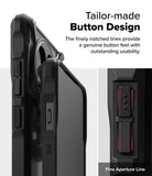 OnePlus 13R Case | Fusion-X - Close-up of a black phone case highlighting the textured, notched button design and aperture.