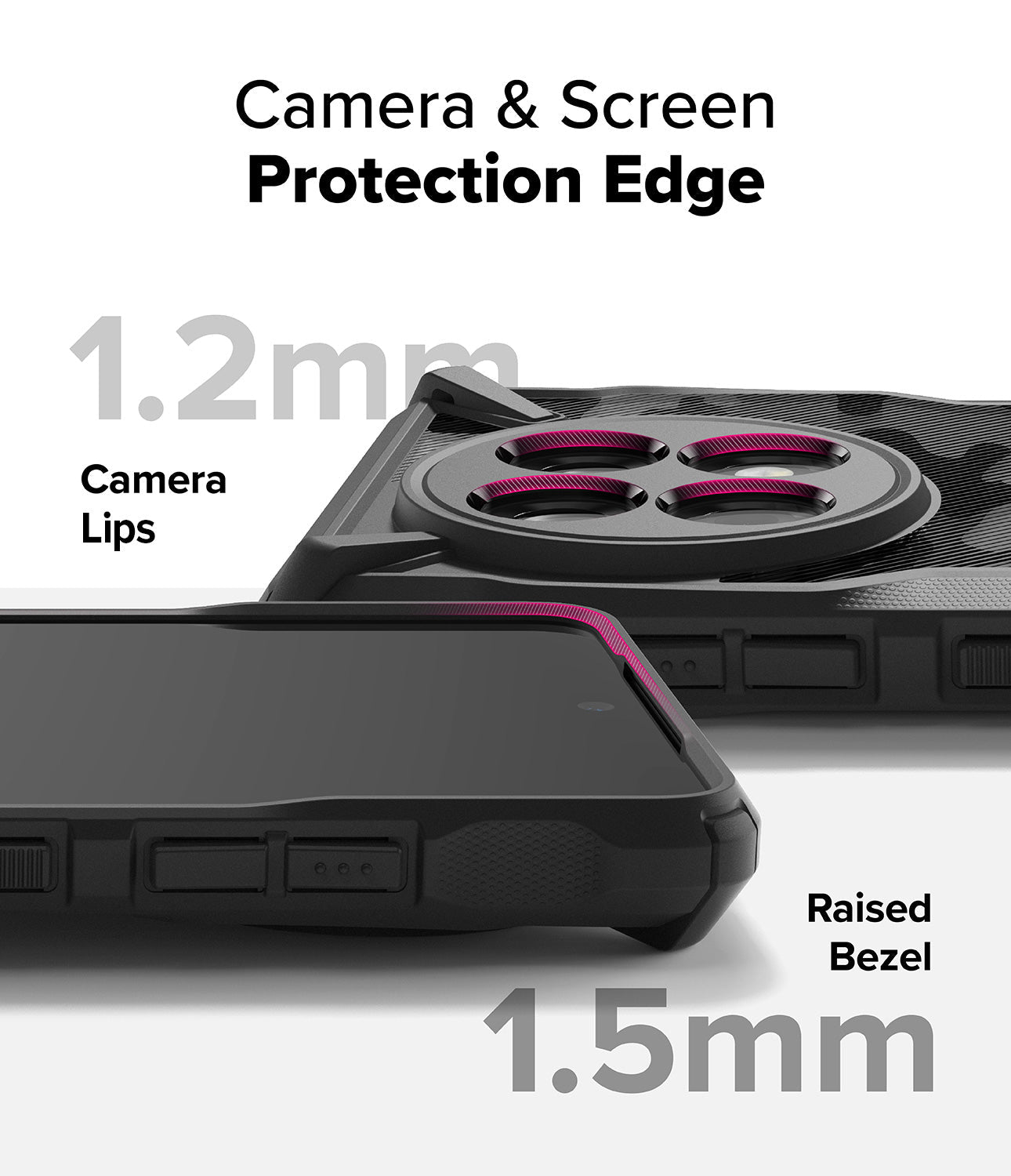 OnePlus 13R Case | Fusion-X - Close-up showing 1.2mm camera lips and 1.5mm raised screen bezel for device protection.