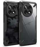 OnePlus 13R Case | Fusion-X - Two rugged black phone cases with circular camera cutouts, one camo and one clear back.