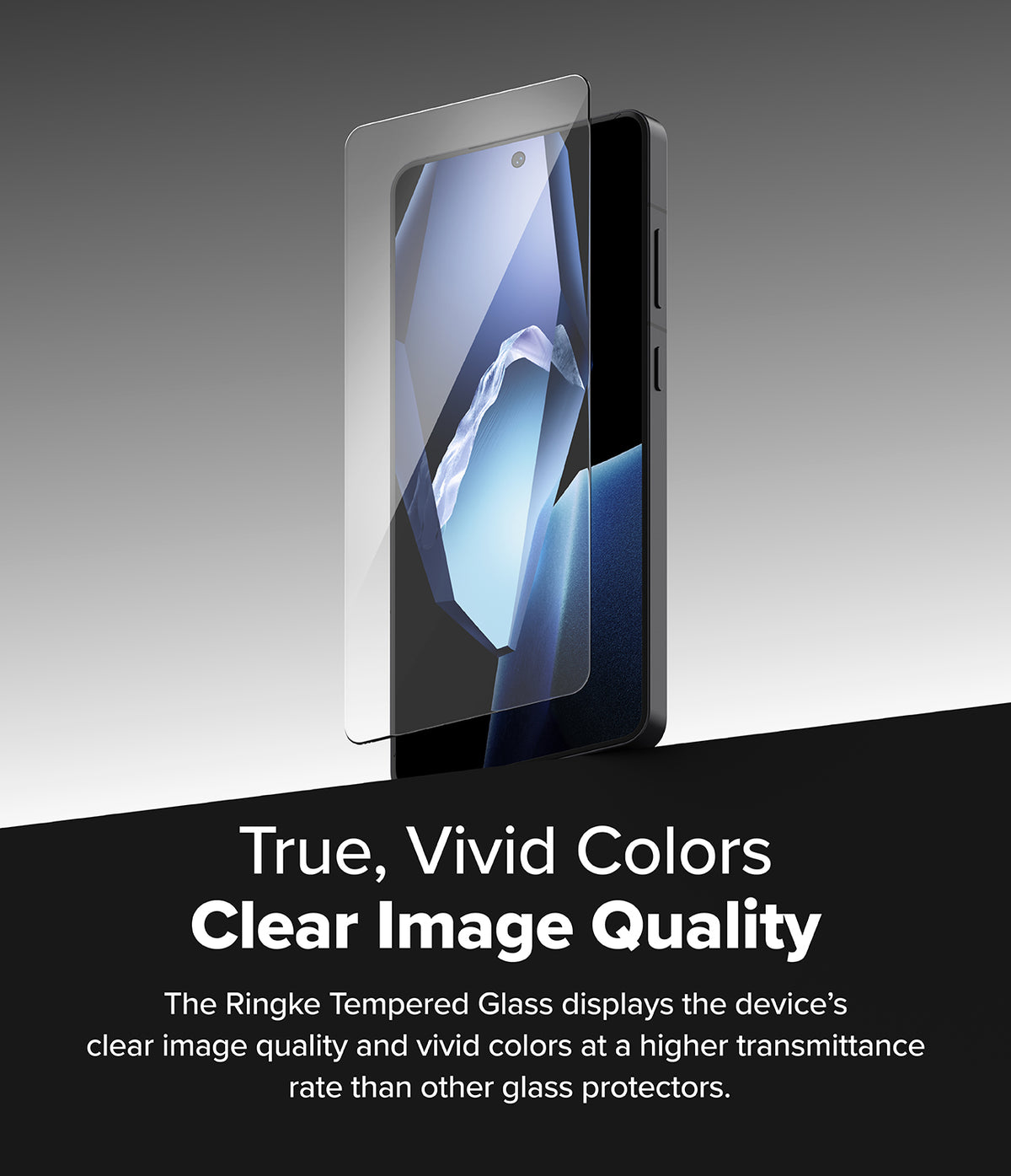 OnePlus 13R Screen Protector | Tempered Glass - Tempered glass sheet hovering over a smartphone screen displaying a vivid abstract image.