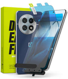 OnePlus 13 Screen Protector | Dual Easy Film - OnePlus 13 Screen Protector - A blue-tinted screen protector being applied to a blue leather OnePlus 13 phone with its box.