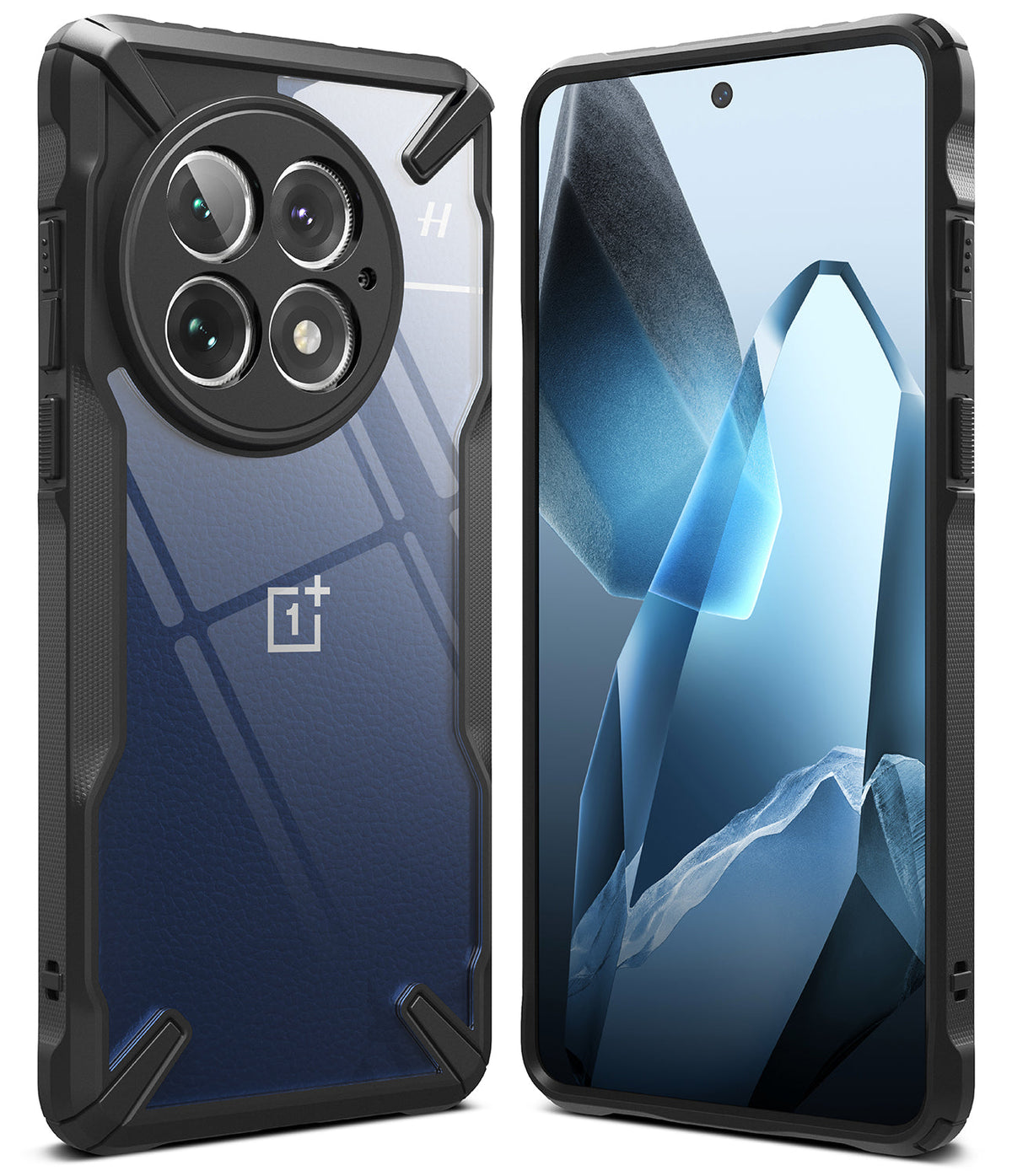 OnePlus 13 Case | Fusion-X - Rugged black protective case with a clear back panel showing the phone's rear camera and front screen.
