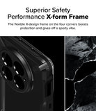 OnePlus 13 Case | Fusion-X - Close-up of a black phone case corner with a rugged X-design frame next to a textured rock background.