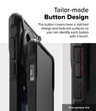 OnePlus 13 Case | Fusion-X - Close-up of textured, notched button covers on a black protective phone case.