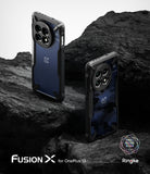 [Bundle] OnePlus 13 | Fusion-X - OnePlus 13 | Fusion-X - Two OnePlus 13 phones in blue textured and camo Fusion-X cases standing on dark volcanic rock.