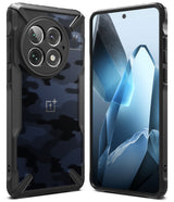 OnePlus 13 Case | Fusion-X - Rugged black protective case with camo pattern back and circular camera cutout on a OnePlus 13.