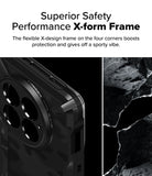 OnePlus 13 Case | Fusion-X - Close-up of a black phone case corner with an X-shaped frame design next to a rocky texture.